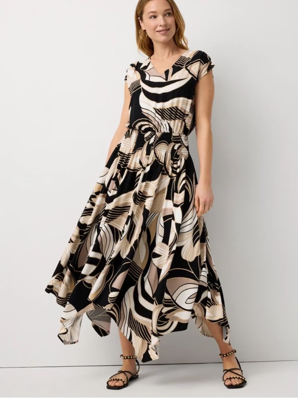 White House Black Market handkerchief hem Black & Beige Printed Midi Dress new